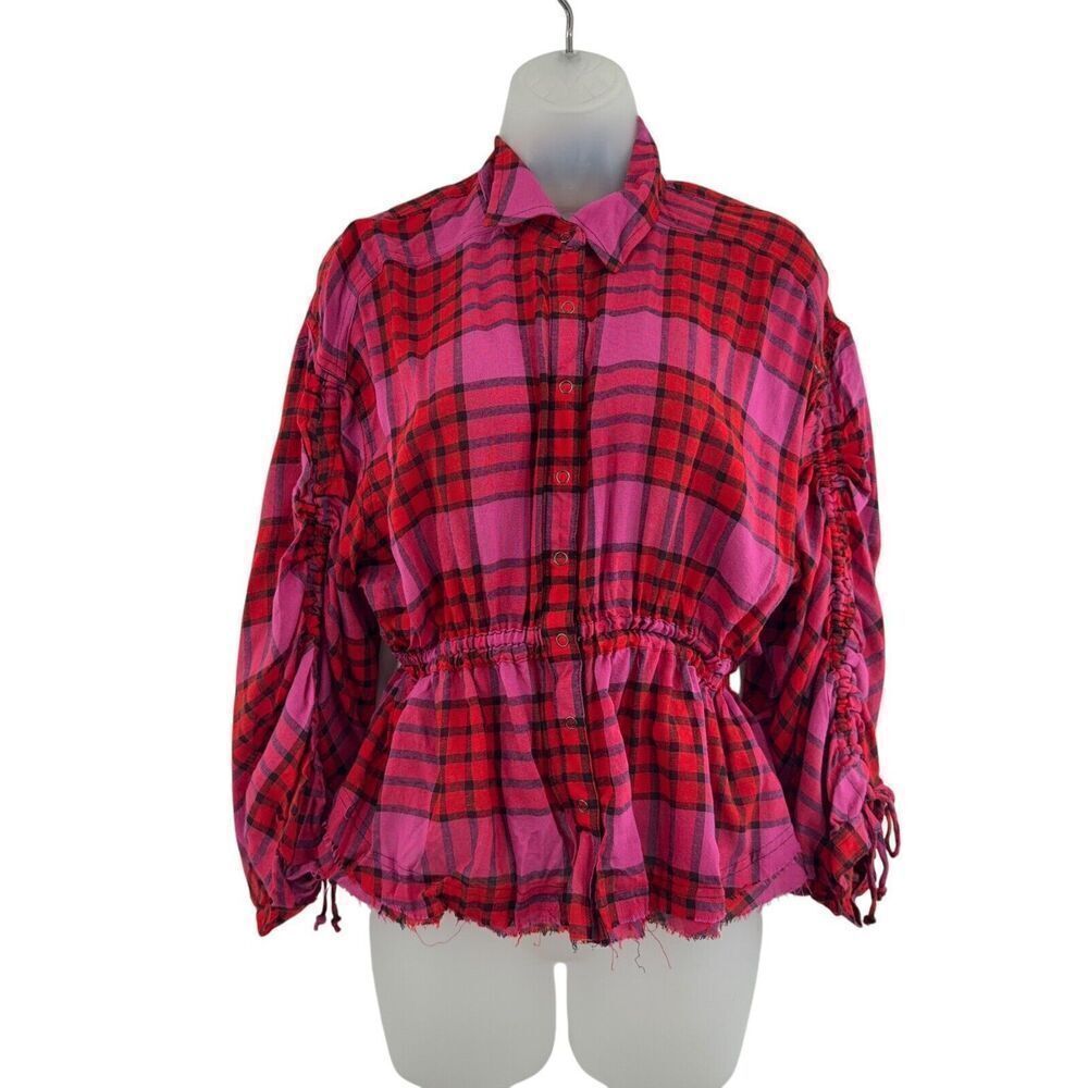 Free People Shirt Womens XS Red Pink Plaid Pacific Dawn Drawstring NWT